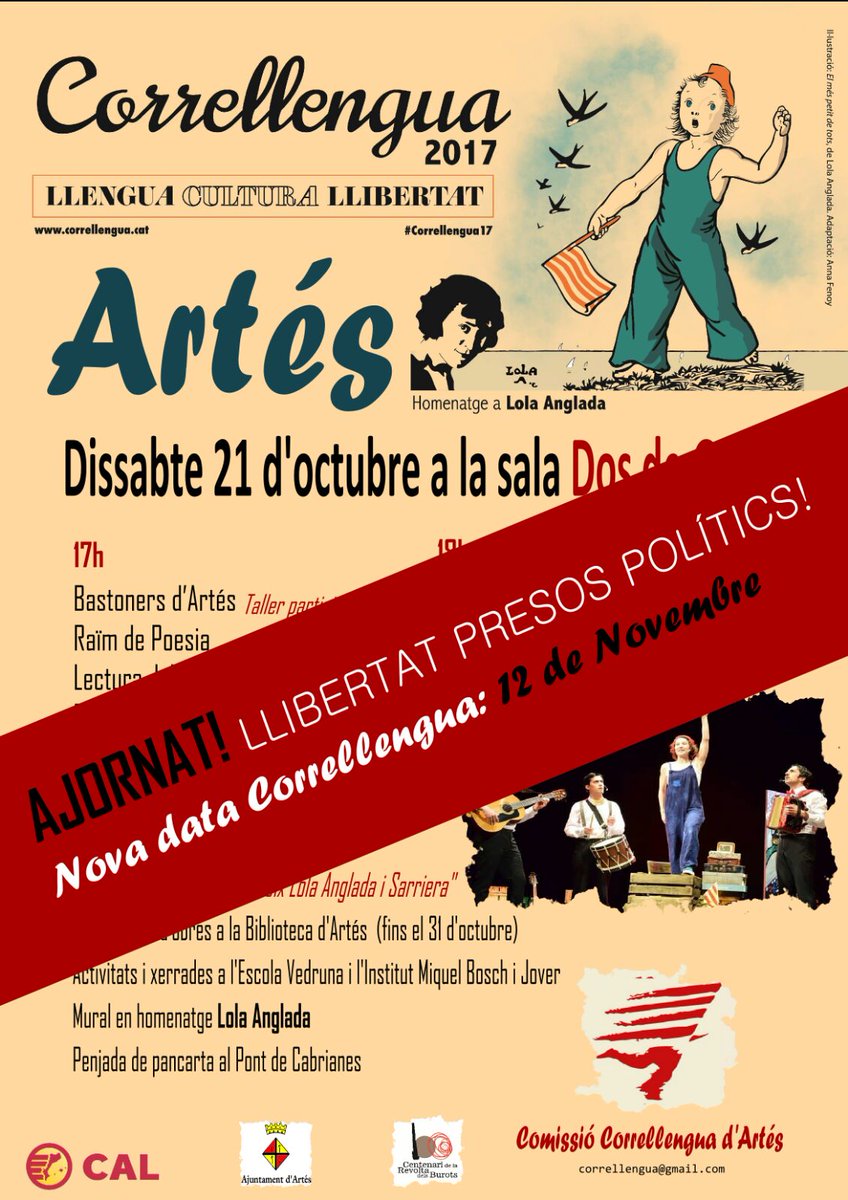 danicaracola's tweet photo. Ajornem l'actuació del musical El més petit de tots al correllengua d'Artés per poder anar a la manifestació. Llibertat Cuixart i Sànchez! https://t.co/QDAXcNKnon
