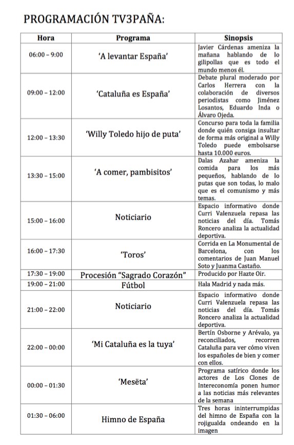 CunadoDeTuiter's tweet photo. 📺 TV3 INTERVENIDA

Me acaban de pasar la que sería la nueva programación de TV3% si la intervienen mediante el #155ESP. ¿Es esto cierto? https://t.co/zy9O3j29tR