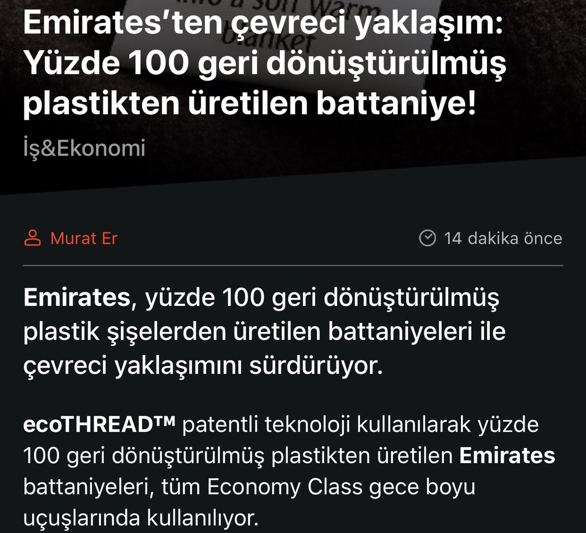 futuristguru's tweet photo. Dünya kaynaklarını hızla tüketiyoruz. #Emirates bu konuda %100 geri dönüştürülmüş battaniye ile güzel bir adım atmış. #ecothread https://t.co/VbiR6g4DaP