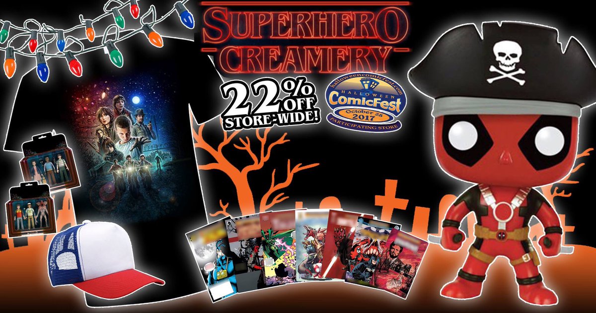 SuperCreamery's tweet photo. Oct 28th 10am-9pm FREE Halloween comic-books! EVERYTHING is 22% off, all day! "Pirate Deadpool" Appearing Live! See FB for more details! https://t.co/J5fd69J8KI