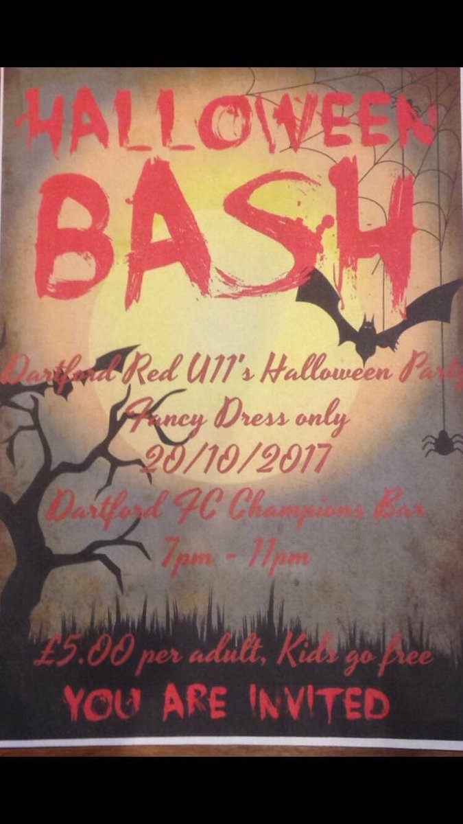 RH7Soccer's tweet photo. My Dartford boys are holding a Halloween Party tonight! All money raised goes to the team! Snacks and disco provided! All welcome 🎃 https://t.co/VTbdzXarMd