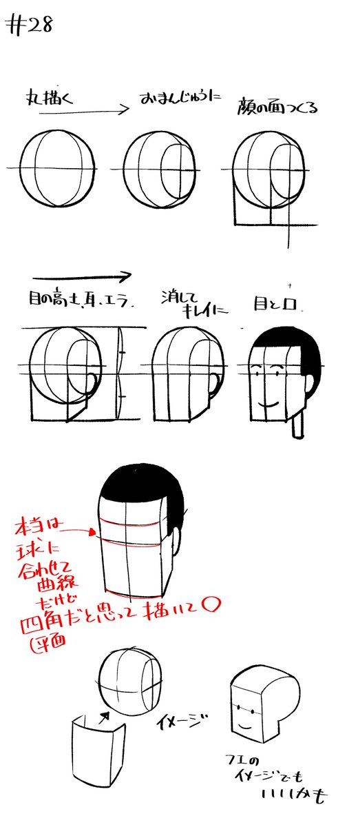 【段階的に上手くなる28日目】顔の続きです。お饅頭を描くのが難しいと感じるかもしれませんが角度が変わっただけでやっていることは27日目と同じです。桃やリンゴの側面だけを少し切り落としたらどうなるか想像するといいかもしれません。 タグ→ #段階的に上手くなる 