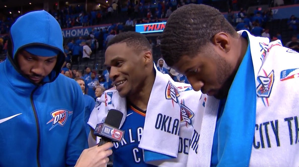 clutchgenepod's tweet photo. Thunder new big 3 combined for 71 pts, 17 rbs and 18 asts.
#RussellWestbrook #HoodieMelo #PG13 #tripdubruss #whynot #theycoming #hegothelp https://t.co/TGCv3RAlGo