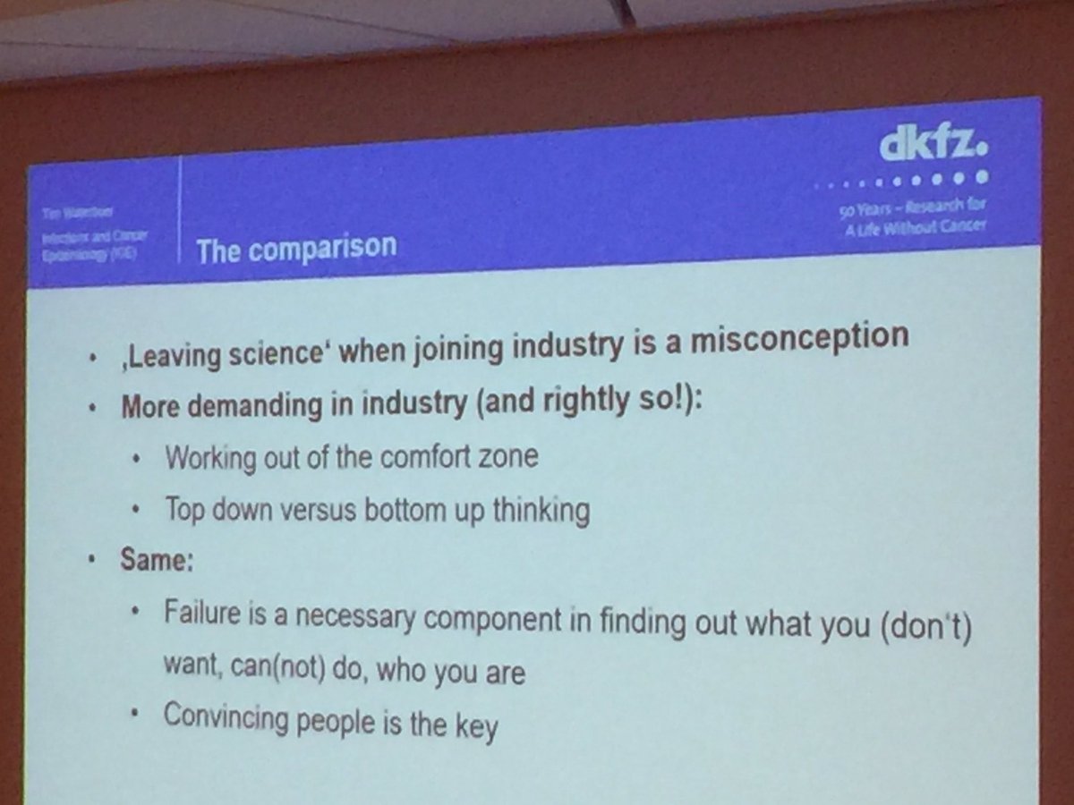 BiotechBarb's tweet photo. "Leaving science when joining industry is a misconception" Tim Waterboer #acadcd17 https://t.co/rU26NNExUK