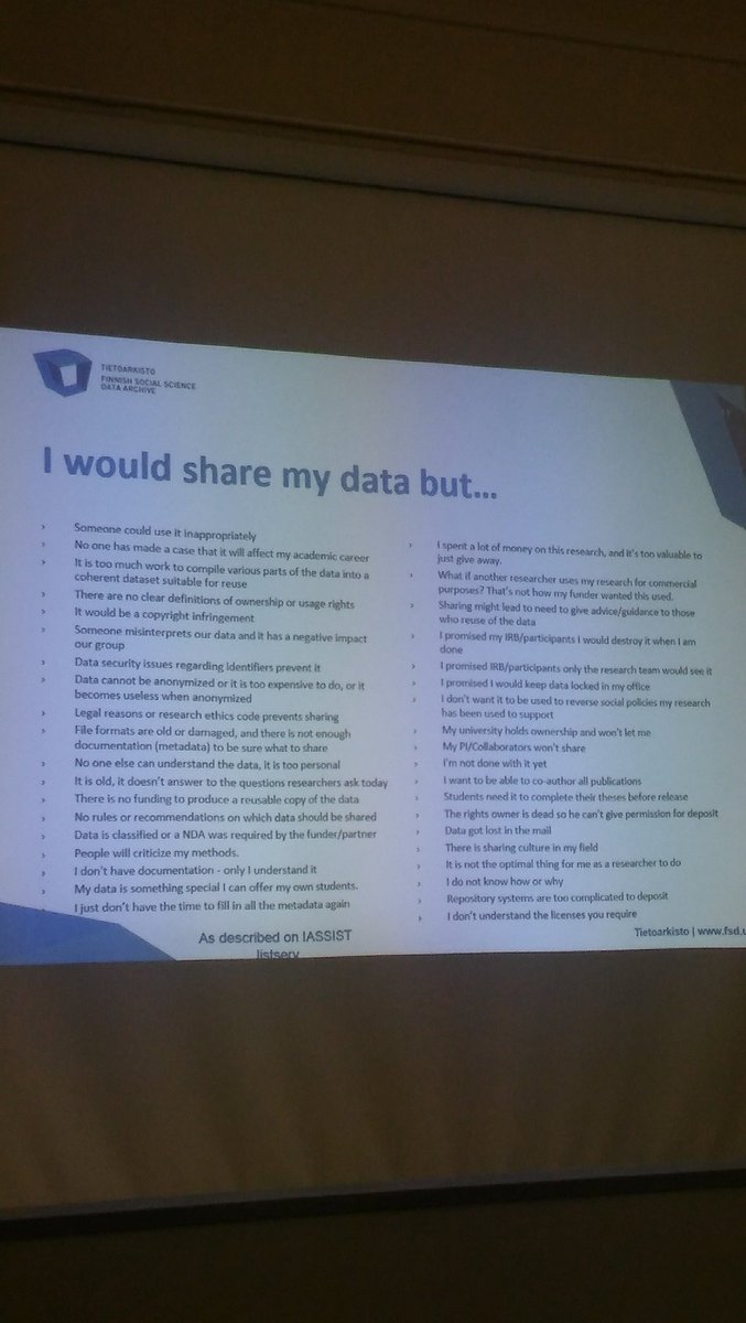 heidiklaine's tweet photo. Examples of reasons given not to share data by @Downblade #dataviittaus #dogatehomework #datacitation https://t.co/HqiwZRXZE5