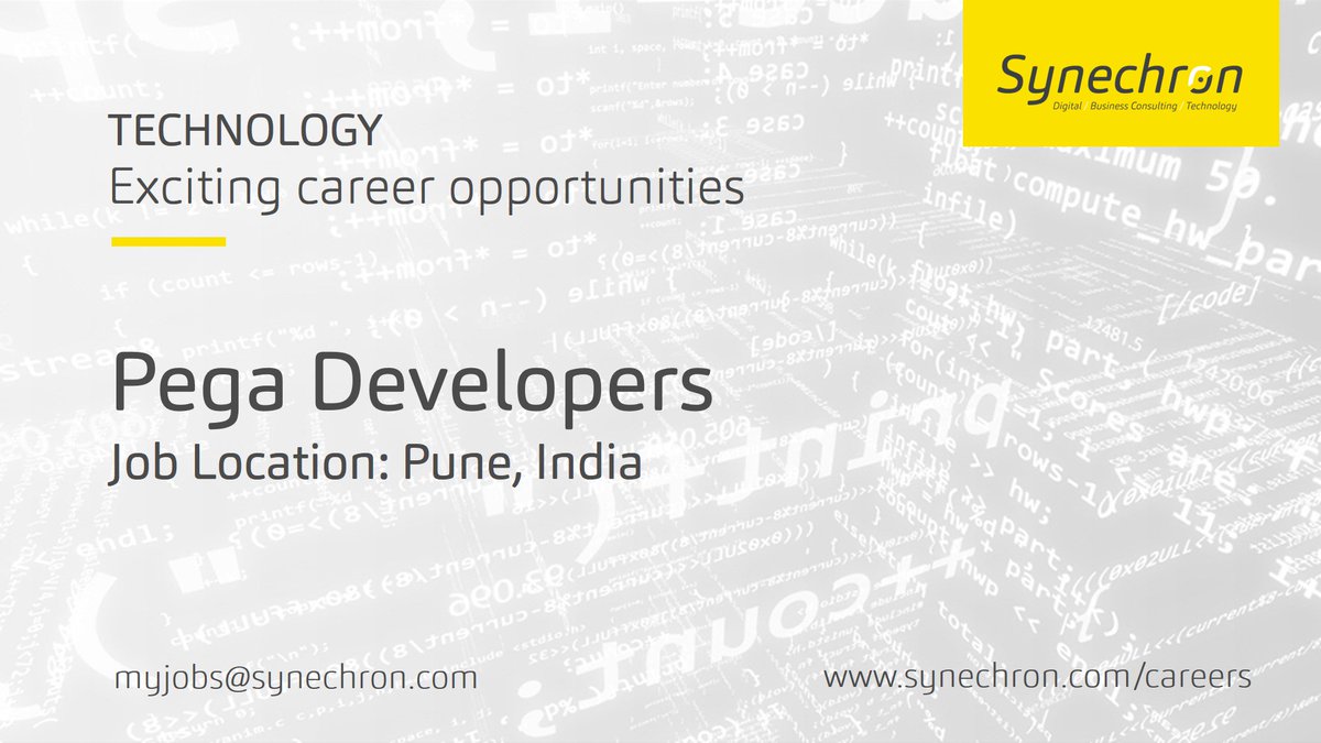 Synechron's tweet photo. JOB ๐ | We're looking for #PegaDevelopers in #Pune! โถ https://t.co/ynPAGr6KOl #Job #ITjobs #Techjobs https://t.co/baqYi1Buwz