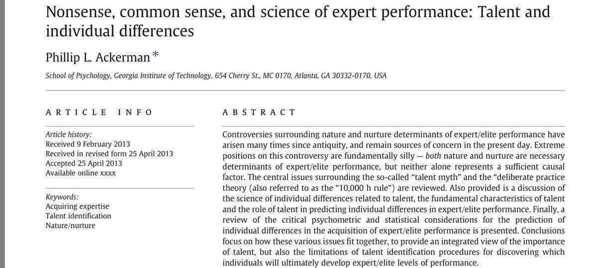 cbokhove's tweet photo. "patent nonsense ... need simply engage in extensive, deliberate and motivated practice to attain expert performance." Ackerman (2013) https://t.co/KLCtOXrVHX