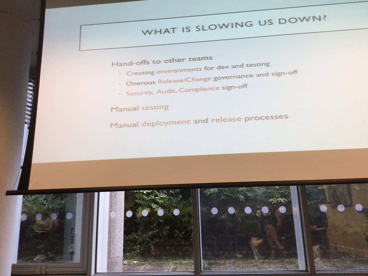 mpkhosla's tweet photo. What's slowing you down?Hand off:create environment,release/change,security,audit,compliance,manual testing,manual deployment/release #atld https://t.co/XTLIaauAWj
