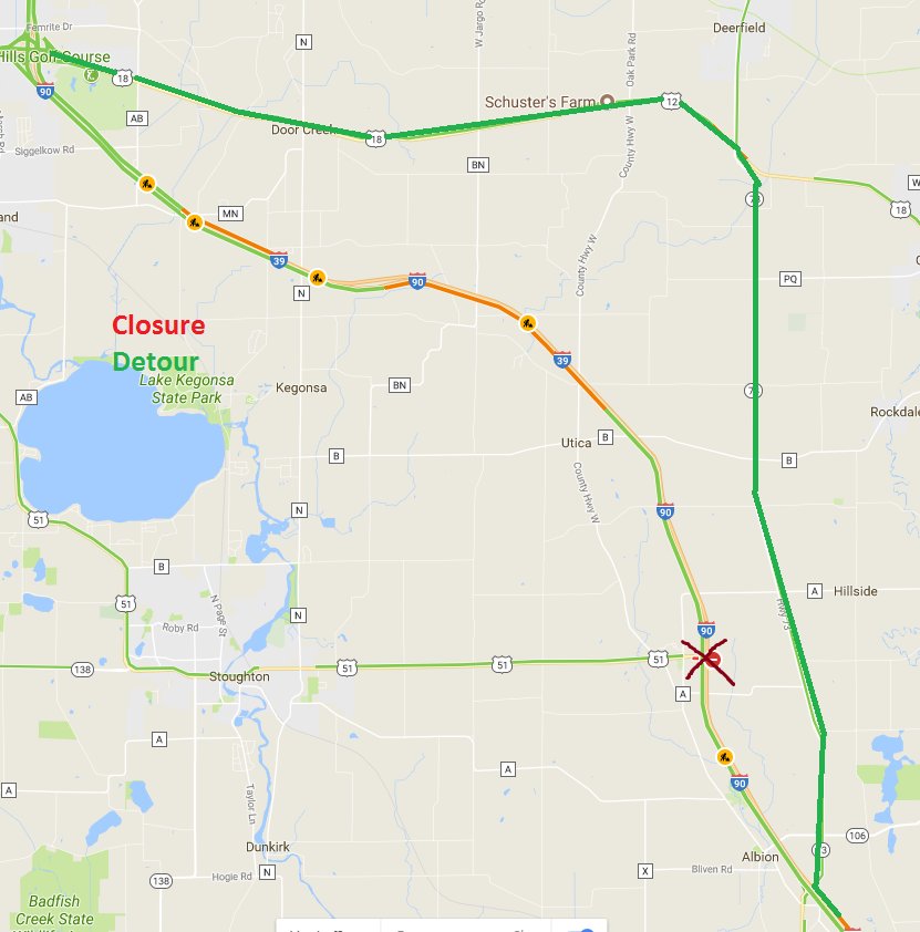 511WI's tweet photo. #DaneCo All NB lanes on I-39/90 at MM 157 are closed due to a crash. Drivers are advised to use an alt route. #Call511 https://t.co/cQickAR4pm