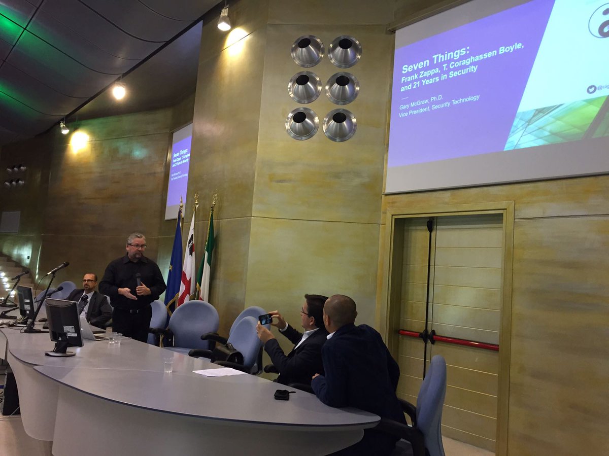 pluribus_one's tweet photo. Le introduzioni di @GiorgioGiacinto e @davideariu e la talk di Gary McGraw @cigitalgem durante l'#OWASPItalyDay #computersecurity https://t.co/cMEdSSD3ar