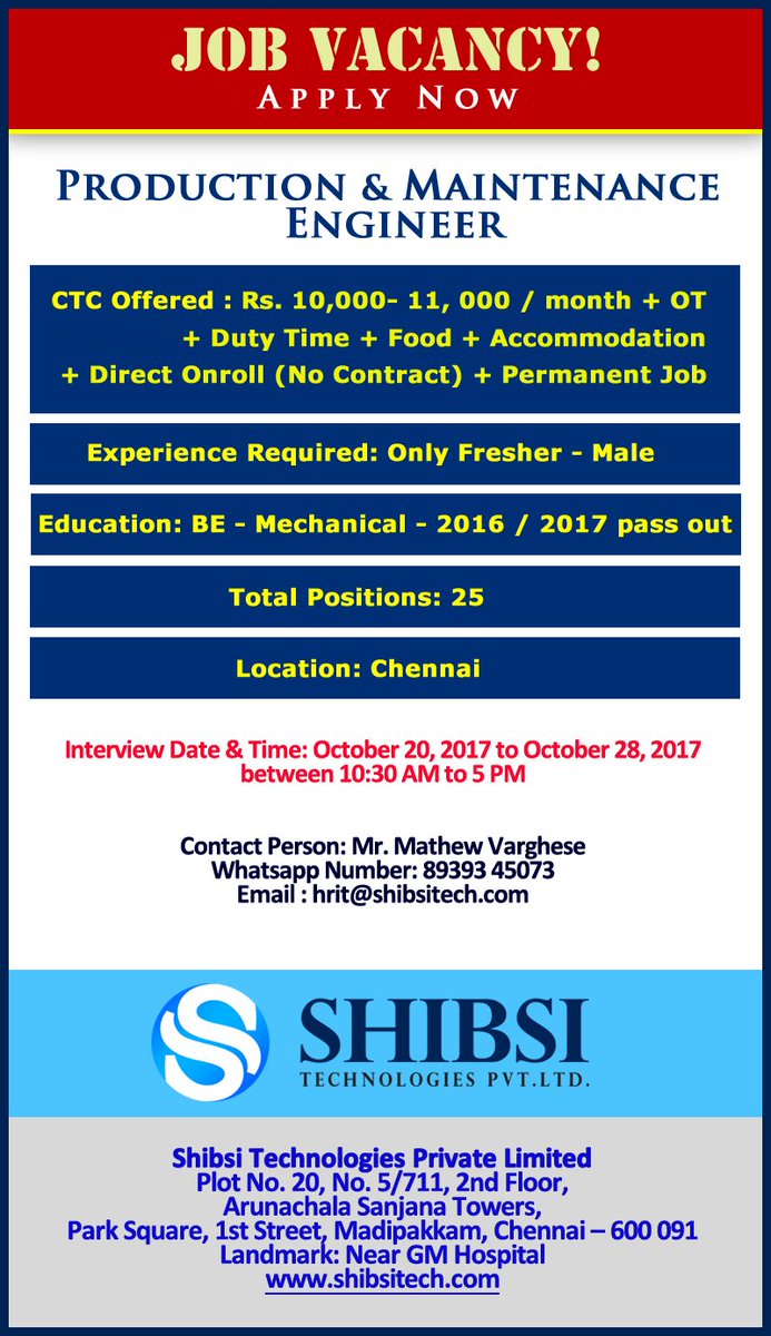 Tech_Shibsi's tweet image. #Production &amp;amp; #Maintenance Engineer - #Mechanical #Electrical Engineers #Freshers apply soon.