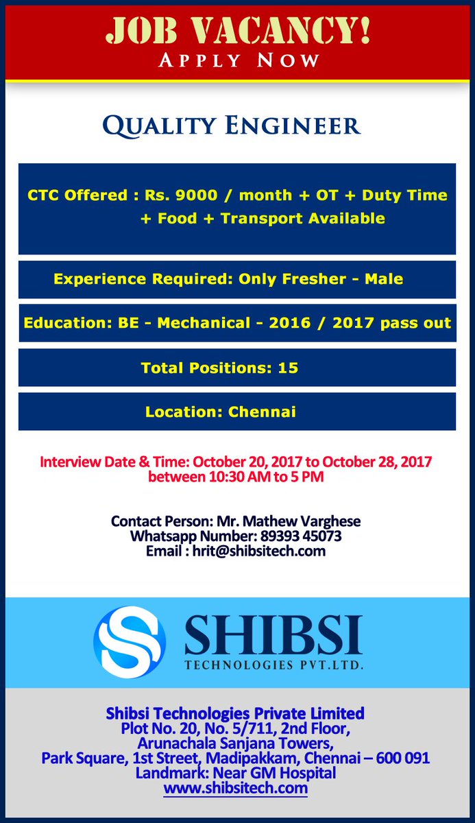 Tech_Shibsi's tweet image. #Quality Engineer - #Mechanical Engineers #Freshers apply.. 2016 / 2017 pass out only.