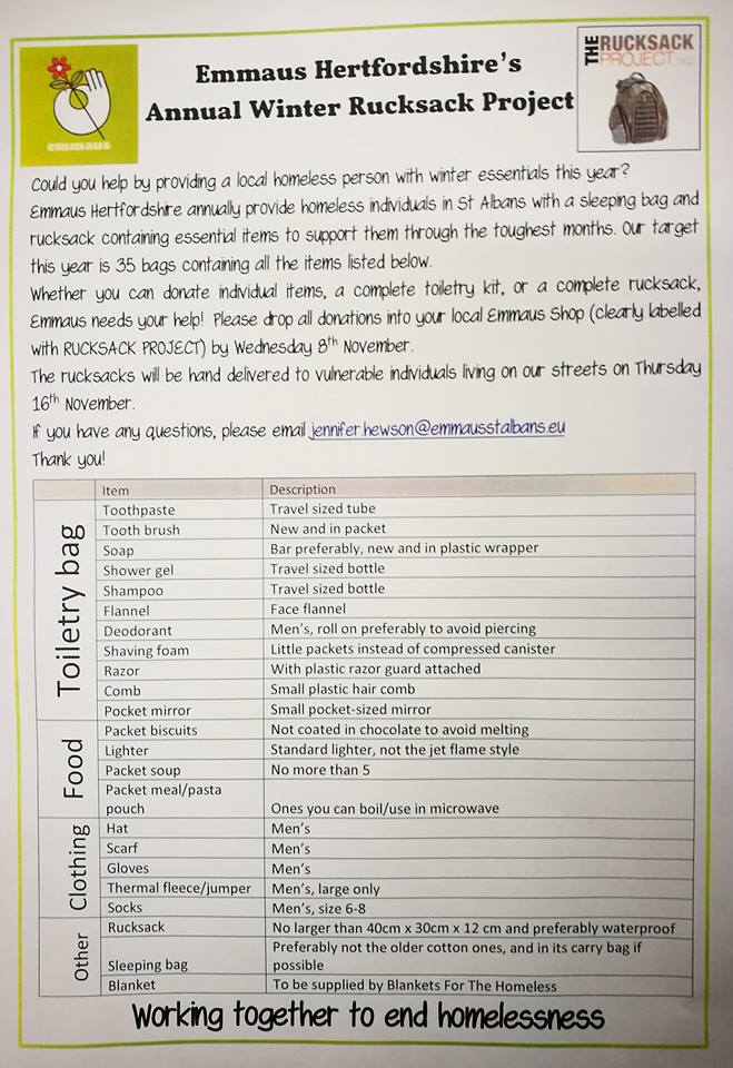 EmmausHerts's tweet photo. Can you help provide a local homeless person with winter essentials? Read about our annual Rucksack Project here.
https://t.co/TSGDPoSGMu https://t.co/RZyX48Q763