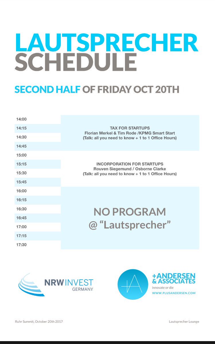 plusAndersen's tweet photo. Come by the @NRWINVEST Lounge on the 4th floor of @ruhrsummit today. We have a great program for international #startups! #ruhrsummit https://t.co/ZE4kYTEN9b