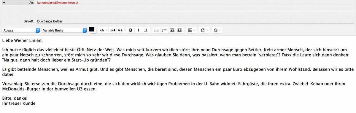 bopratko's tweet photo. D @wienerlinien sagen: Anti-Bettler-Durchsagen weil viele Beschwerden ü Bettler. Dann brauchts mehr Beschwerden ü Durchsagen! https://t.co/MBMqIJP9Yr