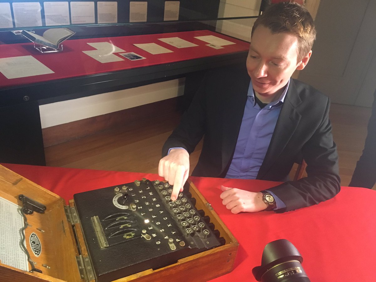 MatthewHudITV's tweet photo. James Grime with a fully working WW2  #Enigma machine at the @FitzMuseum_UK  #Cambridge. Part of an exhibition on codebreaking. @itvanglia https://t.co/H5Vx7tw8pn