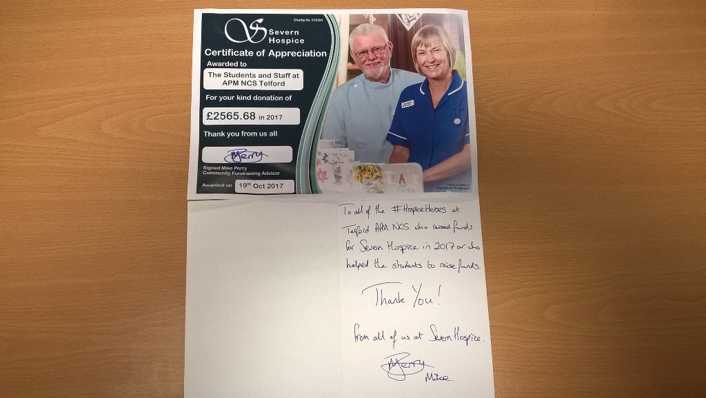 NCSWM1's tweet photo. Received a lovely card and certificate from @severnhospice #NCSTelford #NCSWestMidlands https://t.co/v0qEYVB2UA