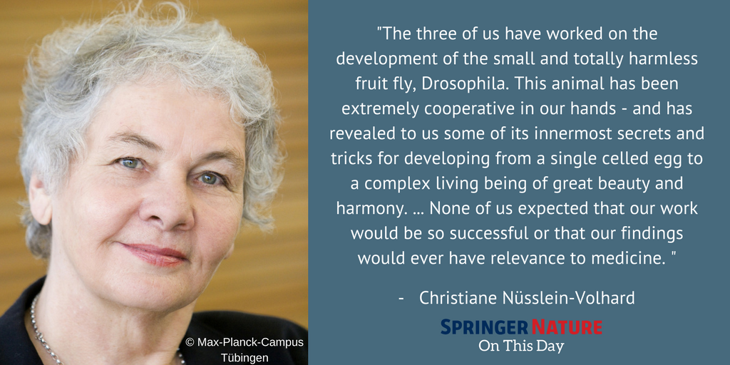 SpringerNature's tweet photo. Christiane Nüsslein-Volhard,1995 #NobelPrize winner, who revolutionised the field of #DevelopmentalGenetics, was born #OnThisDay in 1942. https://t.co/XfOvIlYyL4