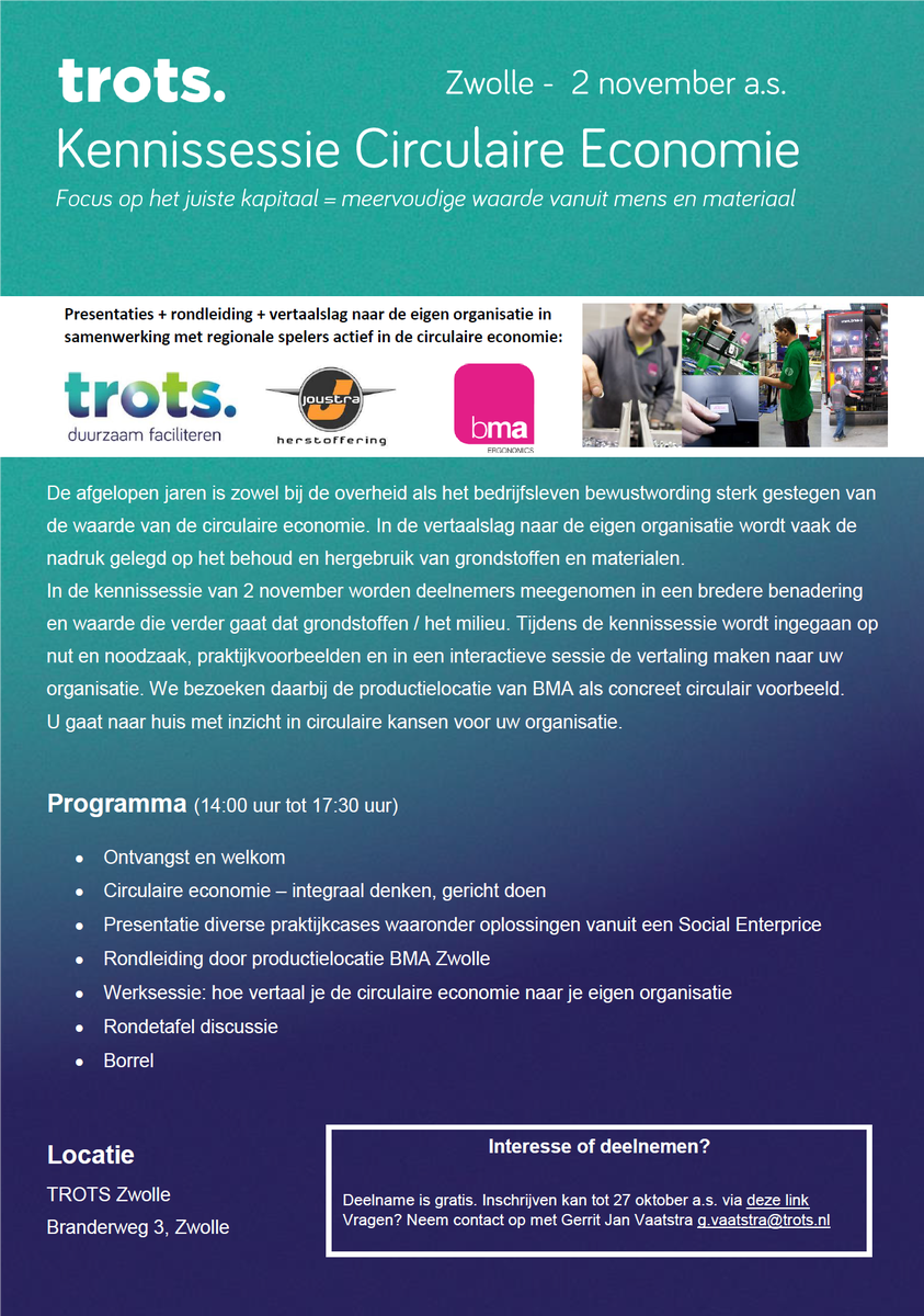 gjvaatstra's tweet photo. Do. 2-11: Kennissessie Circulaire Economie Zwolle i.s.m. @trots_FM, @BmaAxia ,@JoustraHerstof . Meld je aan via https://t.co/WInBhXNjo5 https://t.co/kgXPqeejdu
