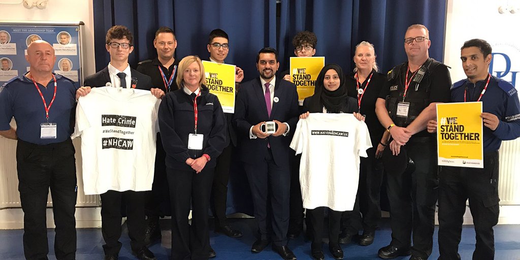 BuryCouncil's tweet photo. In support of #BeSafeBeCool and Hate Crime Awareness Week, Cllr Tariq and Police colleagues met Hate Crime Ambassadors at Derby High #NHCAW https://t.co/K6k1dpQuTw