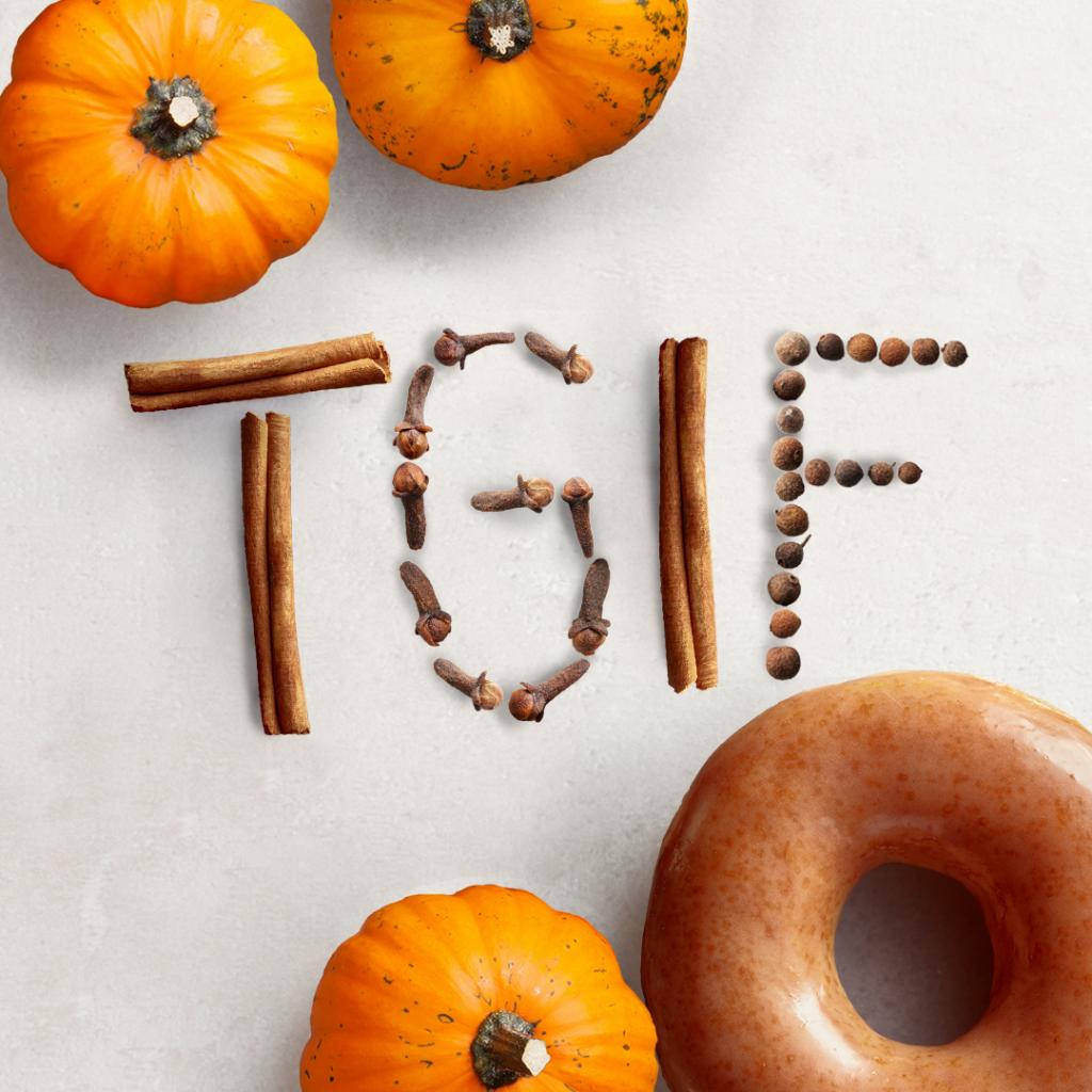 krispykreme's tweet photo. Happy FriYAY! Get delicious #PumpkinSpice Original Glazed Doughnuts tonight after 5pm. (US/CAN) #FridayNightSpice #FridayFeeling https://t.co/Ez7T8Hammc