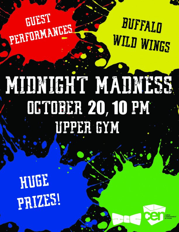RWUCEN's tweet photo. Midnight Madness is TONIGHT at 10:30pm in the Upper Gym! There will be games, performances, prizes and Buffalo Wild Wings!! https://t.co/Mrfxx1gewv