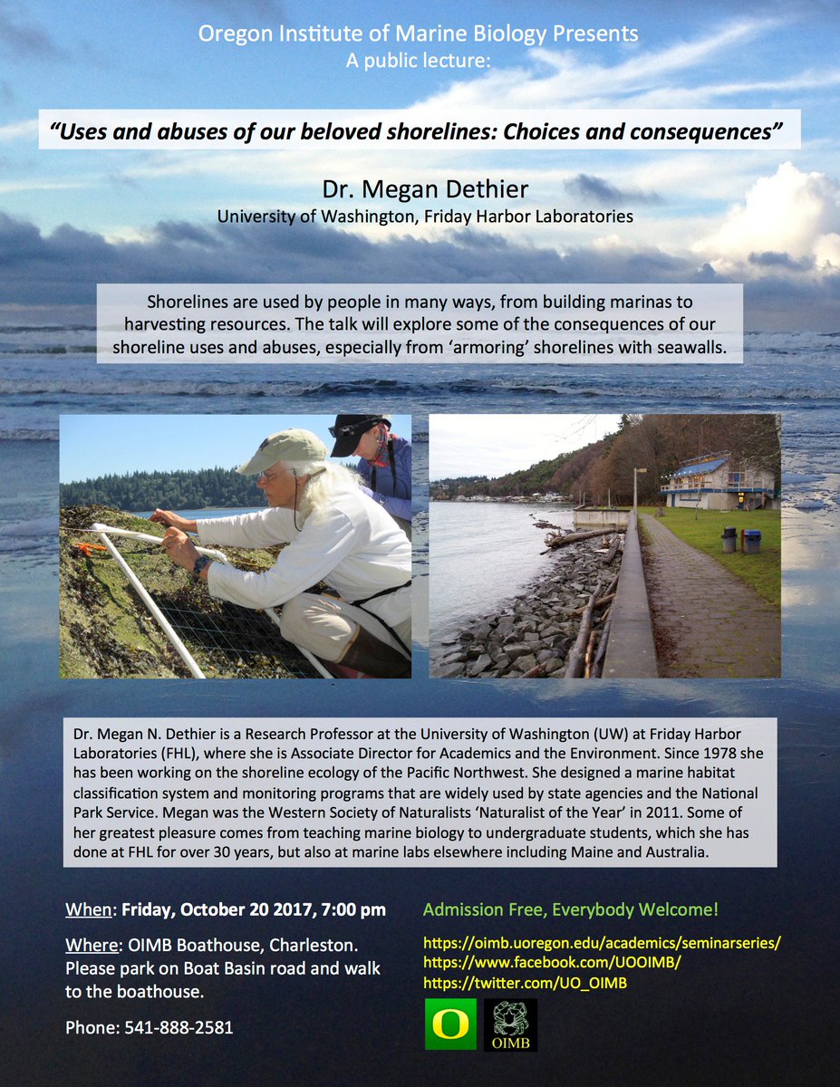 UO_OIMB's tweet photo. Our public seminar is tonight! Dr. Megan Dethier (@MarineBiol_FHL) will be talking about consequences of shoreline armoring. 7 pm Boathouse: https://t.co/GyWYieBYsB