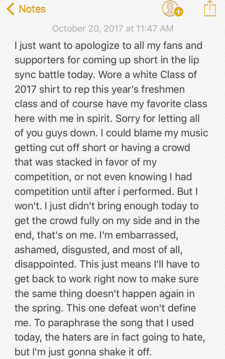 _BARhodes's tweet photo. My statement on a very dark day for me (aka the Lip Sync Battle Part II fiasco). Could have used some @HSHSclassof2017 in the crowd today. https://t.co/3OtqNFOO0S