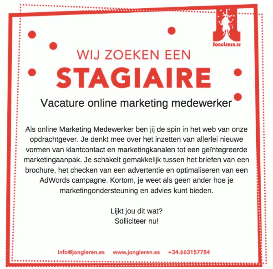 #stage #vacature voor #onlinemarketing in #spanje! #studiejunkies