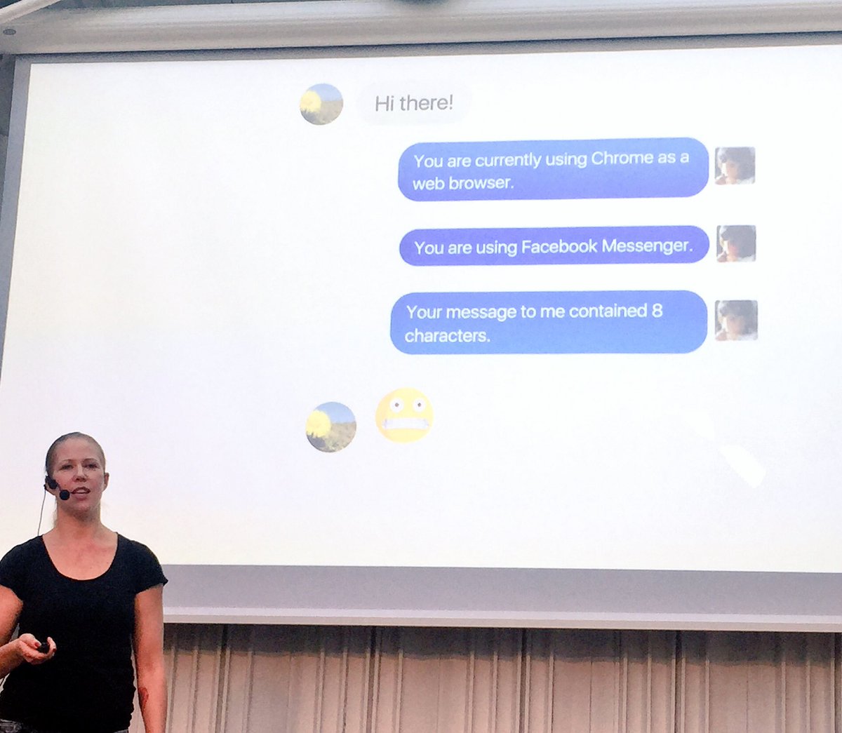 hampelusken's tweet photo. "Avoid mansplaining robots" 
Great talk by Maria Idebro on the #UX of chat bots 
#uxopen https://t.co/Cp6m17aCGX