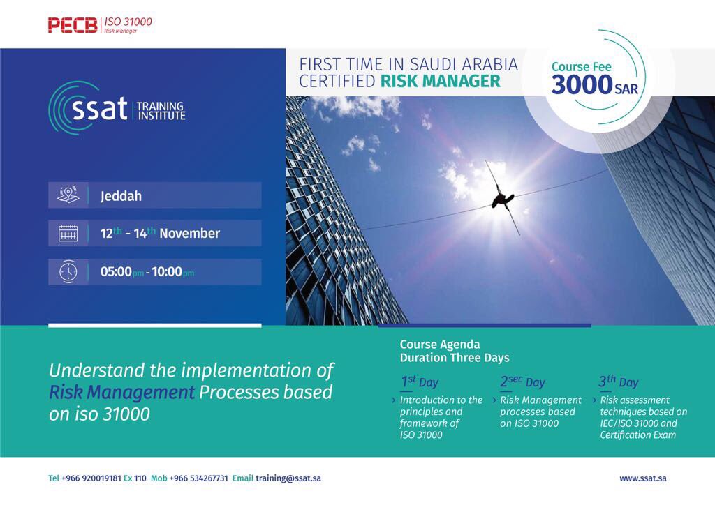 SSAT_KSA's tweet photo. Certified #Risk Manager Course, First time in #SaudiArabia #jeddah https://t.co/V1pdmO6r4D