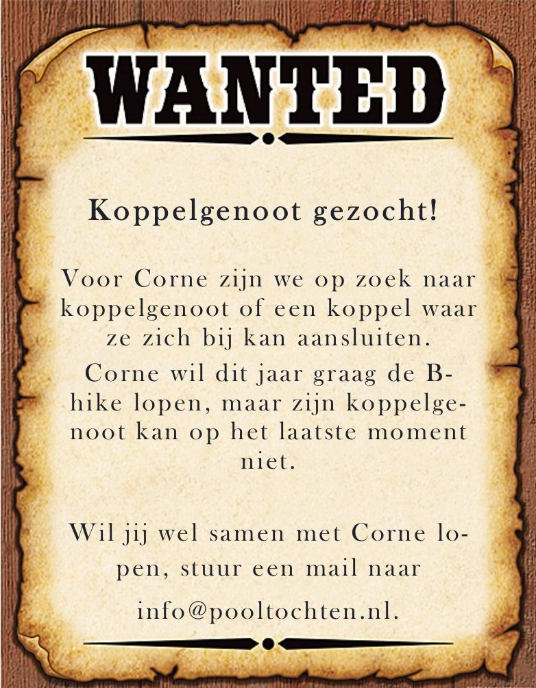 Nog een koppelgenoot gezocht voor Corne van de Dalflandgroep bij de B-hike. En nee het is niet @cornebb want die is al Hikestaf bij de B.