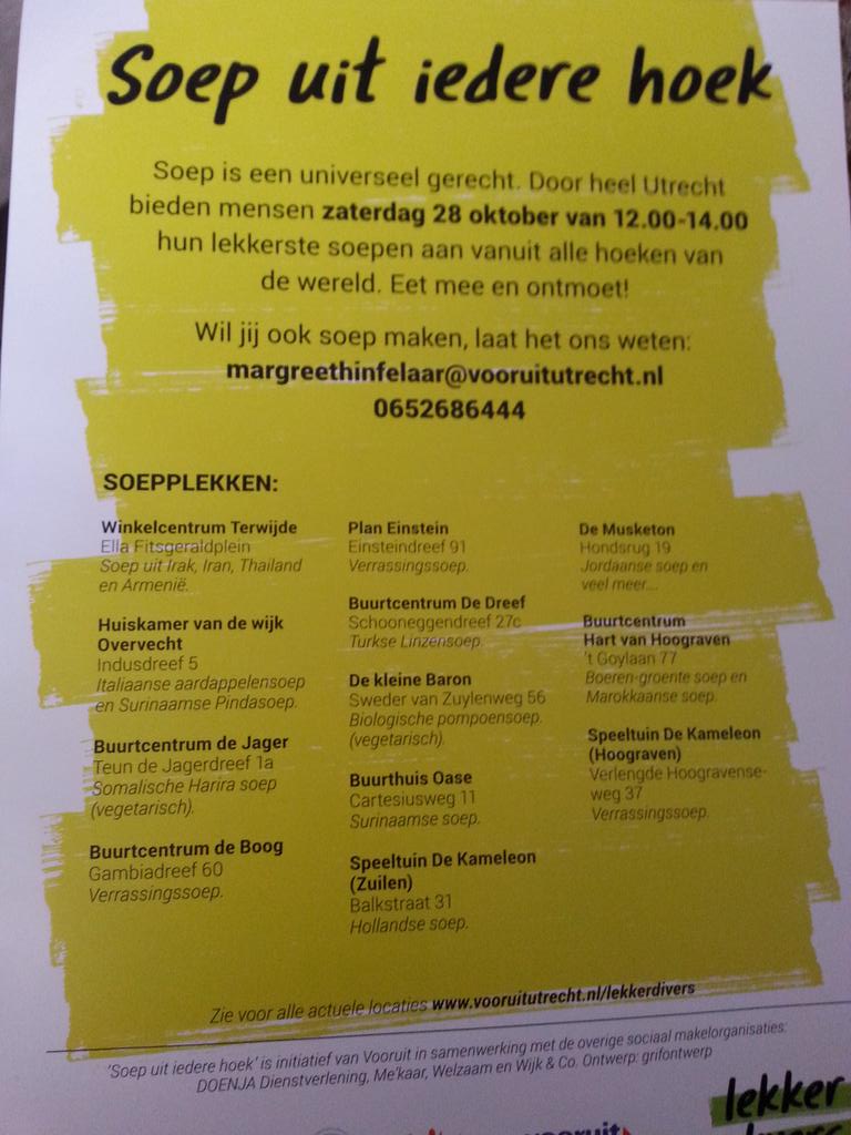 DoenjaTalin's tweet photo. #SOEPUITIEDEREHOEK #lekkerdivers za 28 okt in #winkelcentrumterwijde 12:00 tot 14:00 uur @DOENJAutrecht https://t.co/MJpeUCcqTm