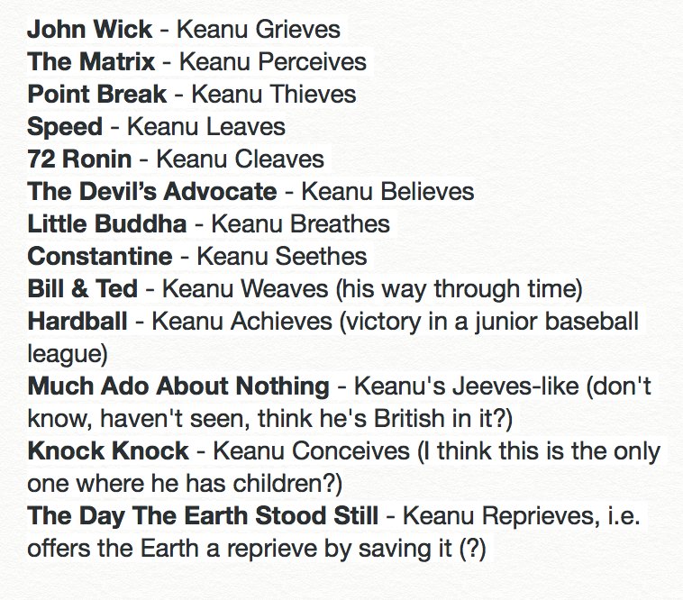 I'm working on a pretty important theory about every Keanu Reeves movie having a plot that rhymes with his name.