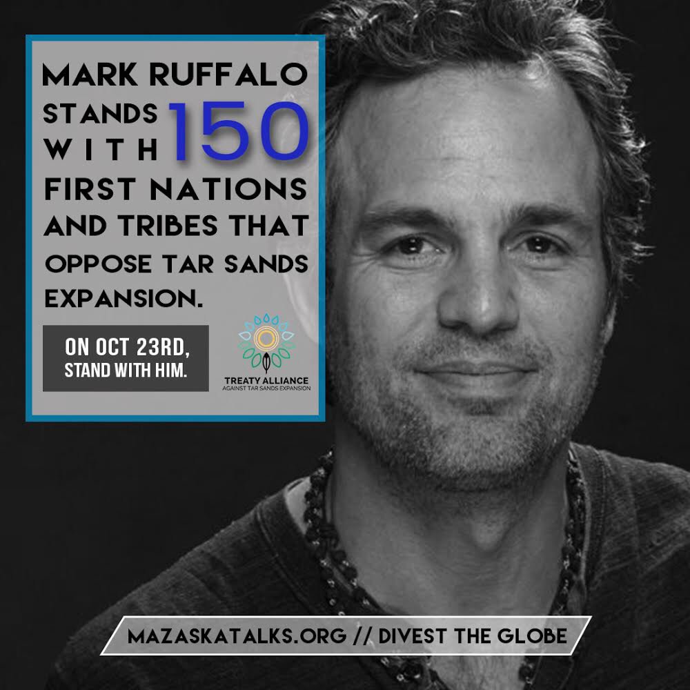 MarkRuffalo's tweet photo. I stand in solidarity with 150 nations of the @Treaty_Alliance as part of the indigenous-led against #tarsand pipelines. More info: https://t.co/Y3wRubWyln https://t.co/MnzfbTWD6x