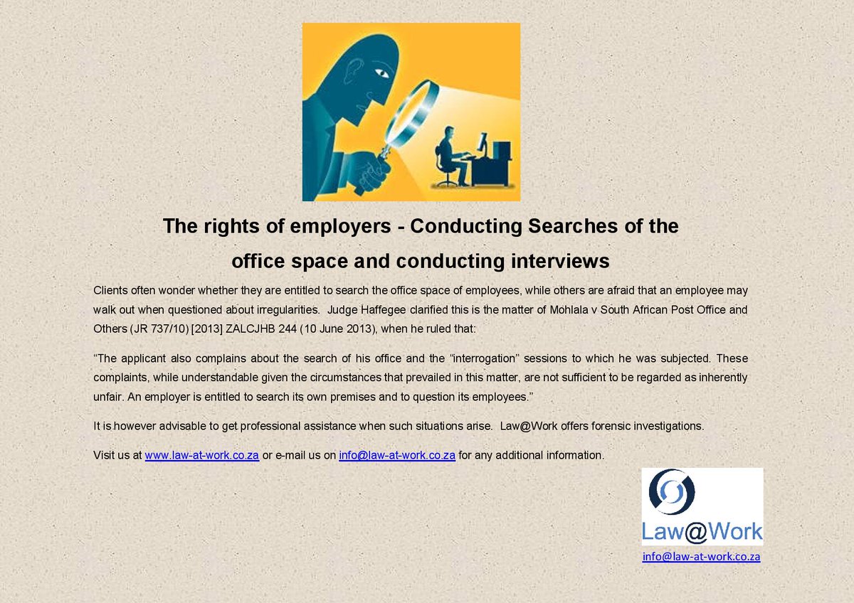 LawAtWorkZA's tweet image. The rights of employers - Conducting Searches
#rightsofemployers #conductingsearches #privacyatwork #labour #employeeprivacy #employerrights