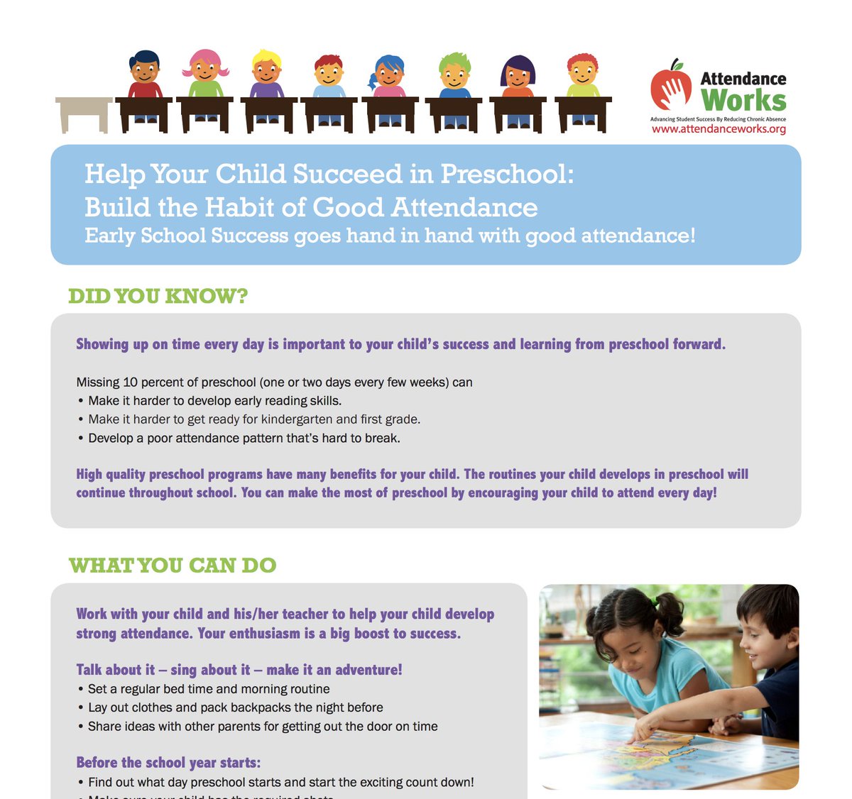 attendanceworks's tweet photo. Family engagement is key to helping Ss be in #SchoolEveryDay. We've developed parent handouts for preK-12th grade https://t.co/3jPaSw8yrN https://t.co/EnLipjx1YB