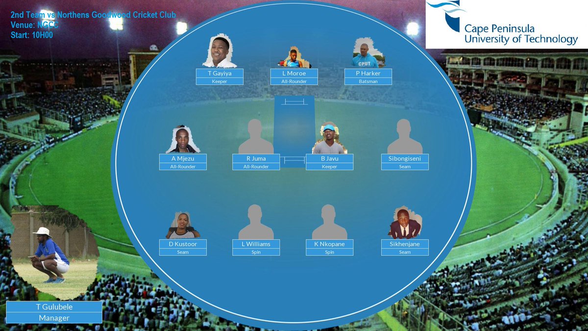 <a href="/CPUT_Cricket/">CPUT Cricket Club</a> Teams for the weekend.
1st vs <a href="/hanoverparkcc/">Hanover Park Cricket</a>  and 2nds vs Northens Goodwood CC
<a href="/wp_cricket/">WPCA</a> <a href="/cputstudents/">CPUT Students</a> <a href="/CPUT/">CPUT</a>
