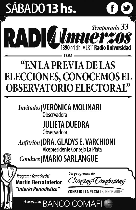 RadioAlmuerzos's tweet photo. #Mañana 13 hs. por @radioulaplata: Observatorio Electoral de la Facultad de Ciencias Jurídicas y Sociales de la UNL, para saber todo sobre el proceso electoral. #RadioAlmuerzos @DuedraJuli @electoralunlp #OEEPI https://t.co/zmIF28ZrUs