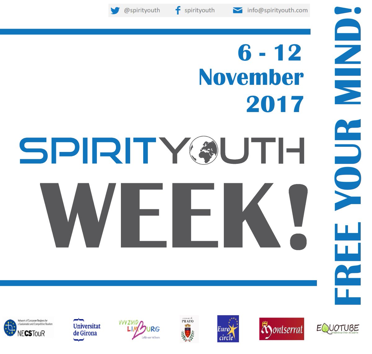 #spirityouthweek🗓️6/12 Nov in #Prato #Montserrat #SouthLimburg! #savethedate discover #spiritualEurope #freeyourmind😇ow.ly/IYIH30g0VEz