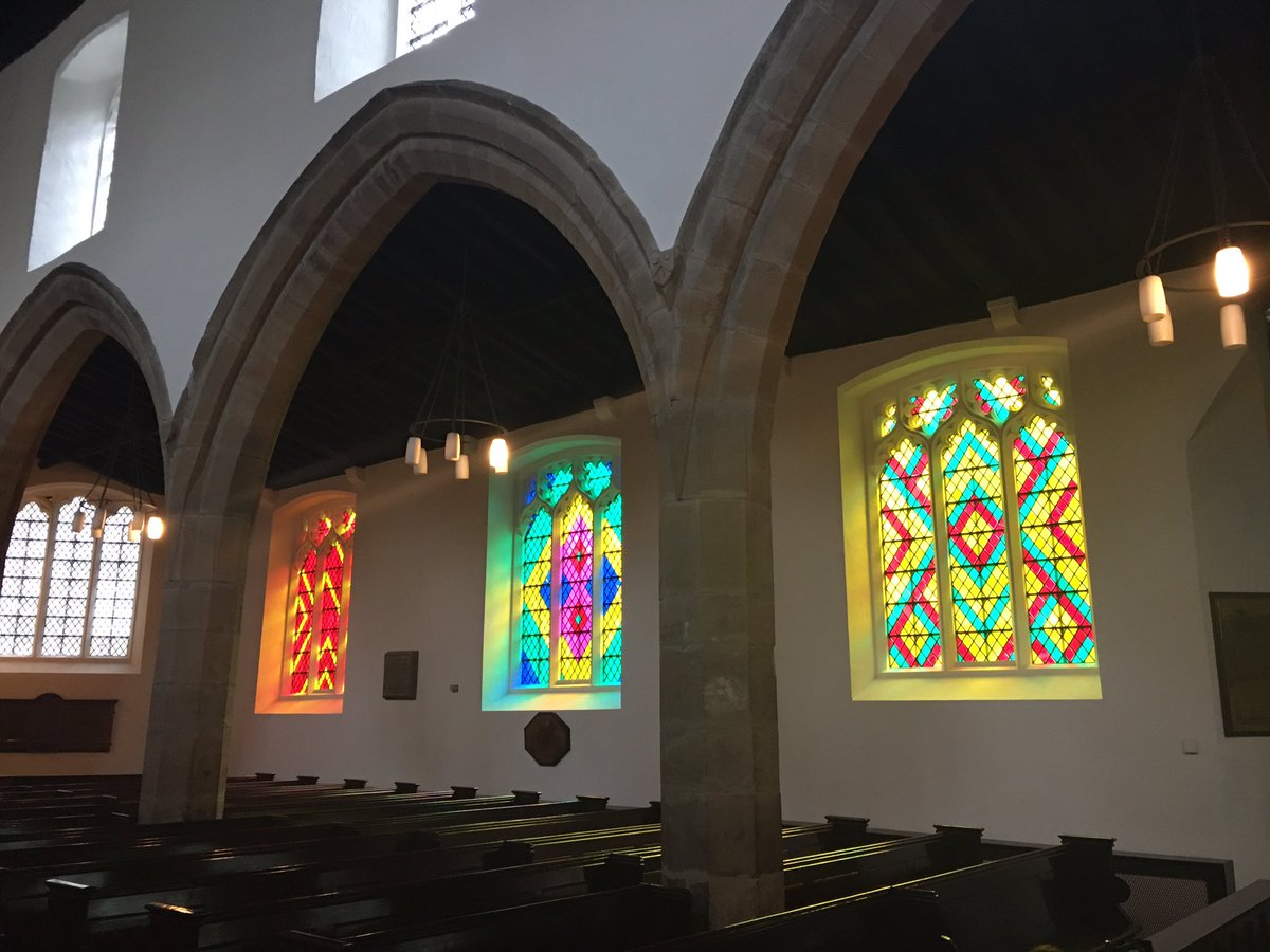 CofE_Churchcare's tweet photo. All six Katia Kameli designs up on the nave windows of @JohntheBaptizer, part of @PlatformaArts 2017 @ace_national @AllchurchesT @NclDiocese https://t.co/QwaQ7vUxDY