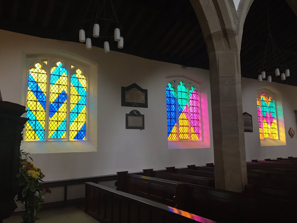 CofE_Churchcare's tweet photo. All six Katia Kameli designs up on the nave windows of @JohntheBaptizer, part of @PlatformaArts 2017 @ace_national @AllchurchesT @NclDiocese https://t.co/QwaQ7vUxDY