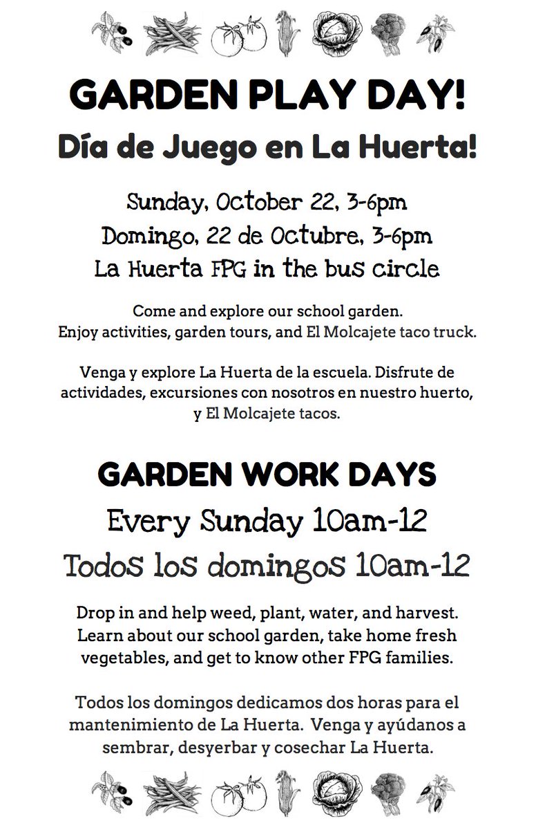 FPGGarden's tweet photo. Join us for our Garden Play Day this Sun 10/22, 3pm-6pm in the bus circle @FPGBilingue. Garden activities, @el_molcajeteNC tacos &amp; more! https://t.co/qFm4ECwN15
