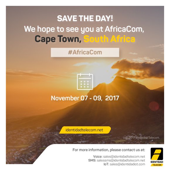 IdentidadFund's tweet photo. #SaveTheDate 📅 We will be attending #AfricaCom November 07 - 09, 2017  in Cape Town, South Africa 🇿🇦 We hope to see you there! #Telecom https://t.co/zZPMPw8Jz6