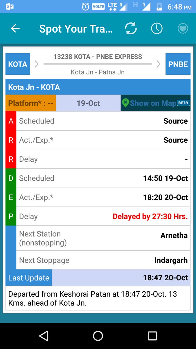 Rahulkrai_'s tweet photo. Total running Time of train#13238 is 26 hrs for its destination and running late by 27:30 hrs. @RailMinIndia @WesternRly @PiyushGoyal https://t.co/Z5ANIKo9Hr