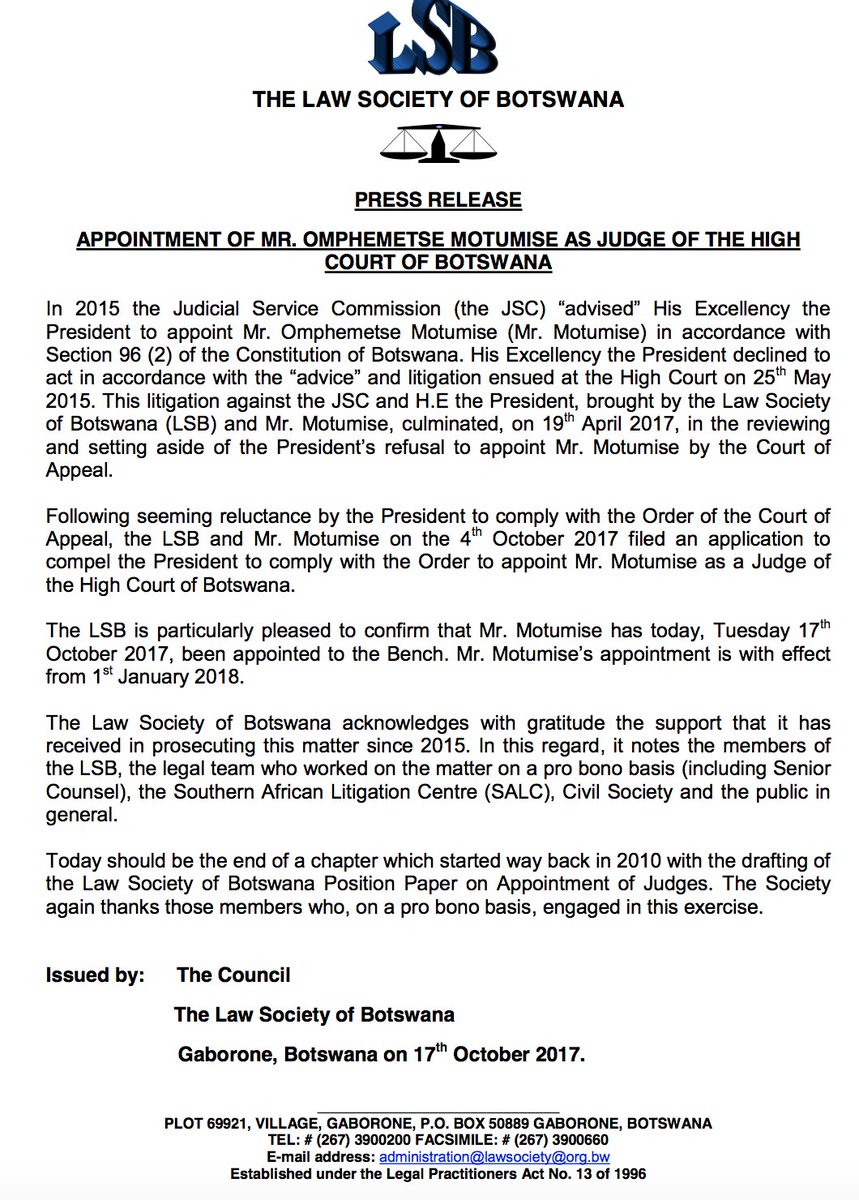 #Botswana: Mr. Motumise appointed 17 October 2017 to the Botswana High Court with effect from 1st January 2018 after Law Society Challenge