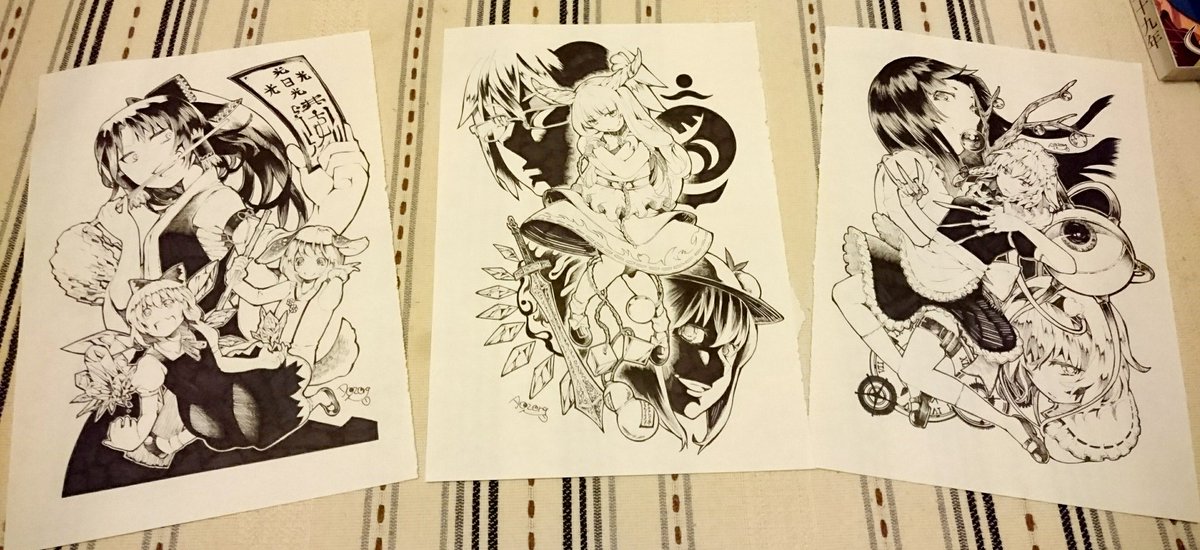 秋季例大祭戦利品!一枚目漫画系、二枚目イラストや絵本系、三枚目入りきらなかった物と音楽小説グッズいただき物、四枚目原画 