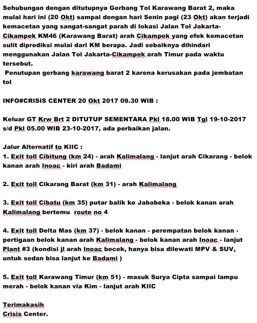 INFO KEMACETAN PADAT
pada TOL JAKARTA-CIKAMPEK
SAMPAI DENGAN SENIN, 23 Oktober 2017.

<a href="/lewatmana/">LewatMana.com</a> <a href="/TMCPoldaMetro/">TMC Polda Metro Jaya</a> <a href="/RadioElshinta/">Radio Elshinta</a> <a href="/SonoraFM92/">Radio Sonora Jakarta</a>