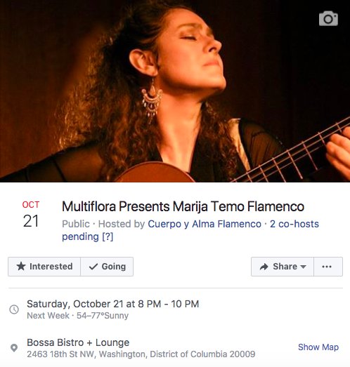 DCFlamenco's tweet photo. Flamenco guitarist @Marija_Temo &amp; guests perform 8pm Sat Oct 21st @BossaDC in #AdamsMorgan #DC. #MultifloraFest2017 https://t.co/wHCgDOCJPg https://t.co/0vF9p5g389