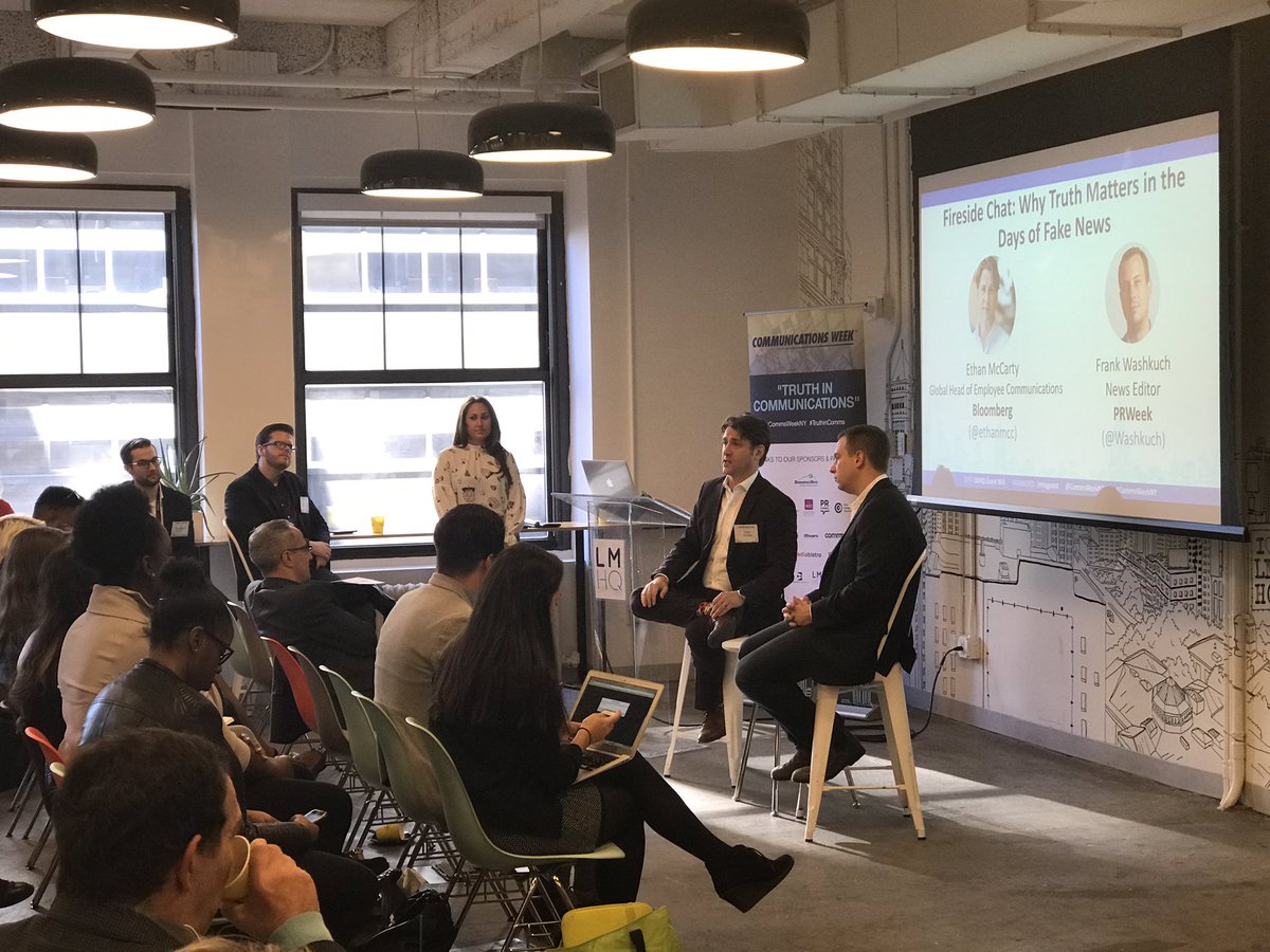 stephijo's tweet photo. Thought experiments with Bloomberg @business in chat about #truthincomms. Proud that @BusinessWire has sponsored #CommsWeekNY. https://t.co/X4SWuG0Y4P